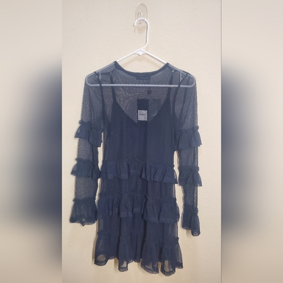 The Fifth Label Dark Blue Navy Elegant Trsnparency Black Ruffle Dress - Picture 3 of 7